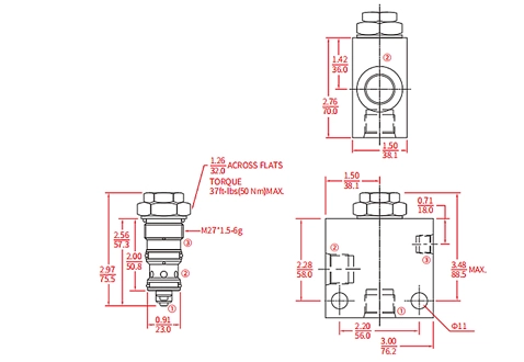 Leistung/Dimension/Schnitt zeichnung des IPC12-30 Rückschlag ventils, Pilot-zu-Öffnen (Dual-Pilot-Operated)